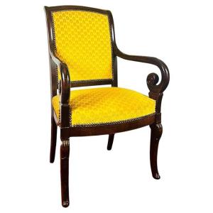Armchair In Carved Wood And Yellow Velvet - Restoration Period - France