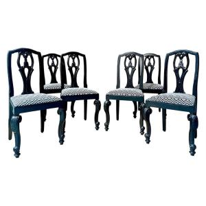 Ensemble De 6 Chaises Anglaises Chippendale / Baroque Laquées Noir Tapissées - Angleterre 19eme