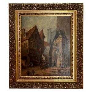 Oil On Panel - Painting - Troubadour School - 19th - Church Courtyard Scene - France