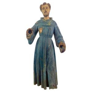 Statue Sculpture De Saint François d'Assise. Bois Polychrome. Espagne XVIIe/xviiie Siècle