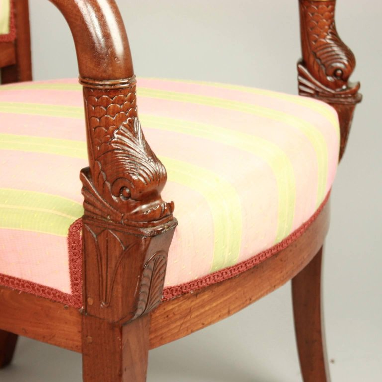 Pair Of Empire Period Mahogany Fauteuils Armchairs With Dolphins, Early 19th Ct.-photo-4