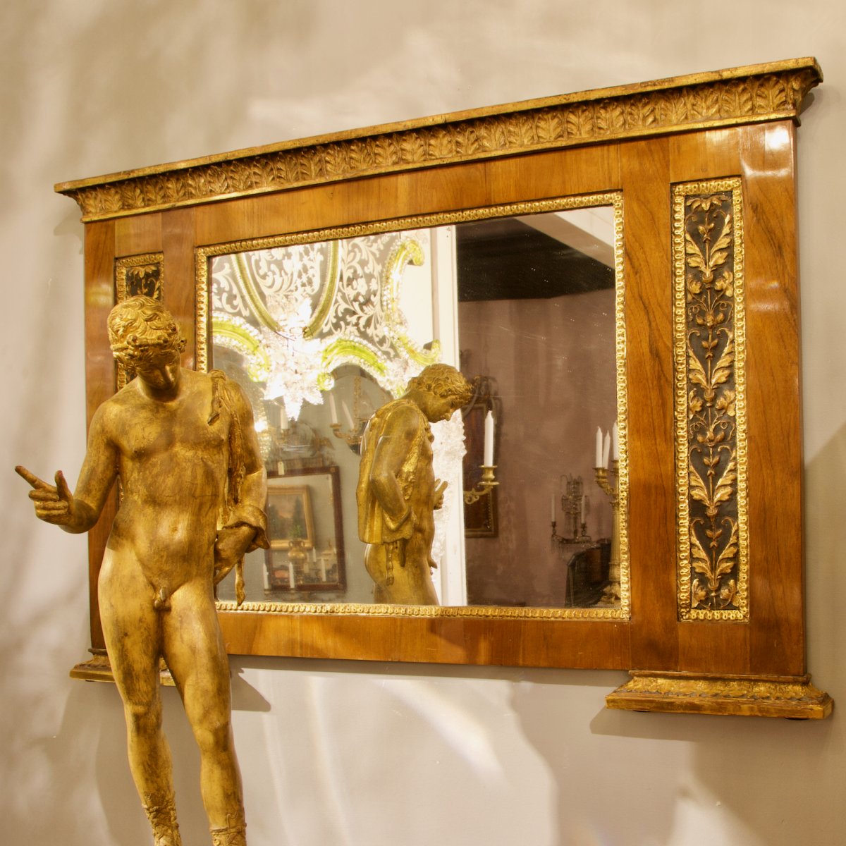 Miroir Cheminée Néoclassique Empire En Noyer Et Bois Sculpté, Italie, Début XIXe Siècle-photo-2