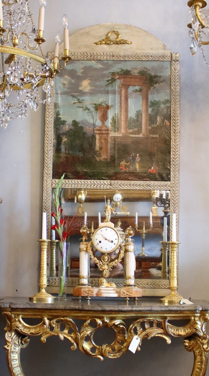  Grand Miroir Néoclassique Italien De La Fin Du XVIIIe Siècle Avec Tableau 'capriccio'.