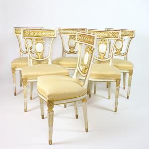 Set Of Six Italian Painted Parcel-gilt Neoclassical Klismos Chairs, Late 19th Century
