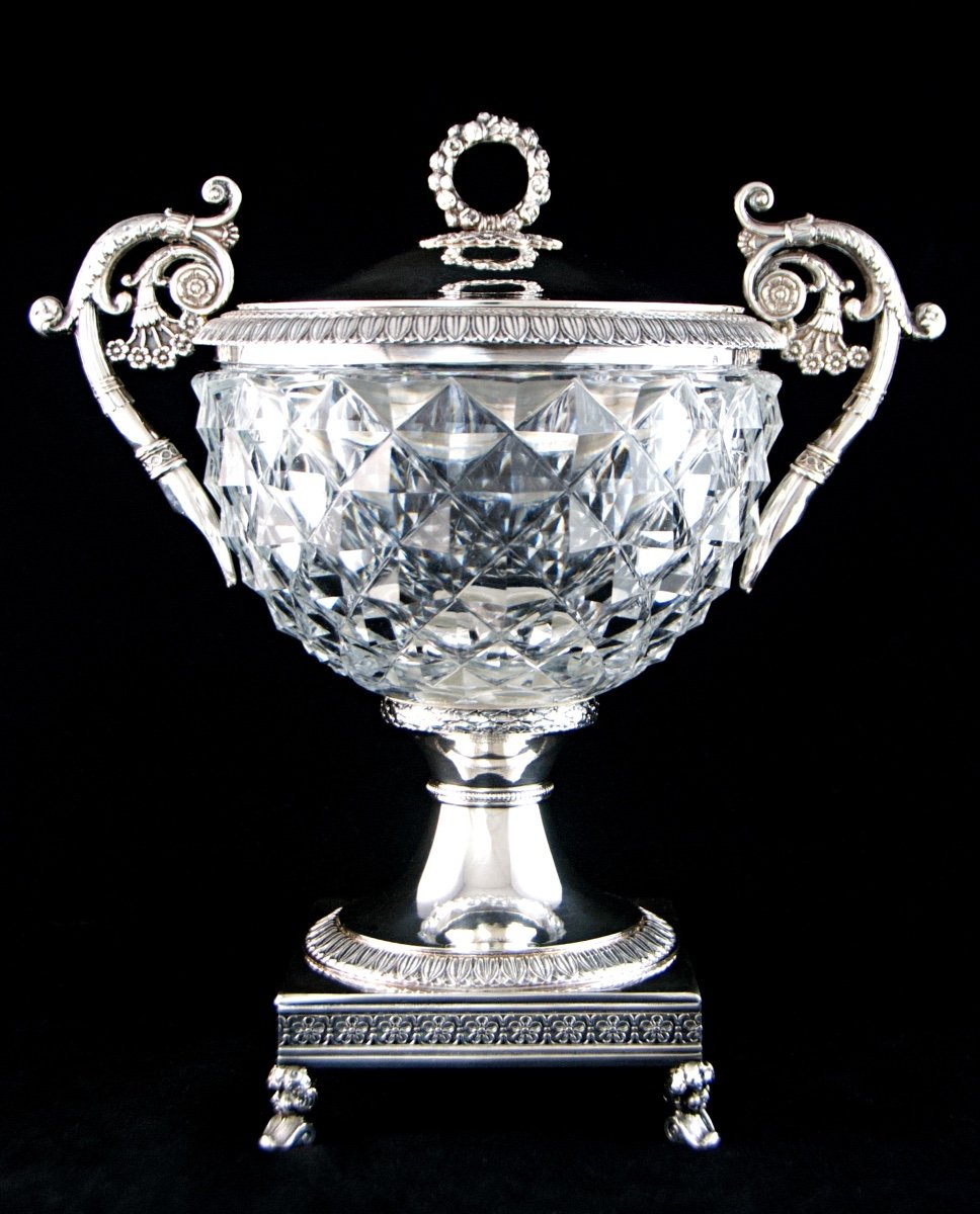 Solid Silver And Cut Crystal Drageoir, Louis XVIII Period, Paris 1819-1838, Boulanger Goldsmith