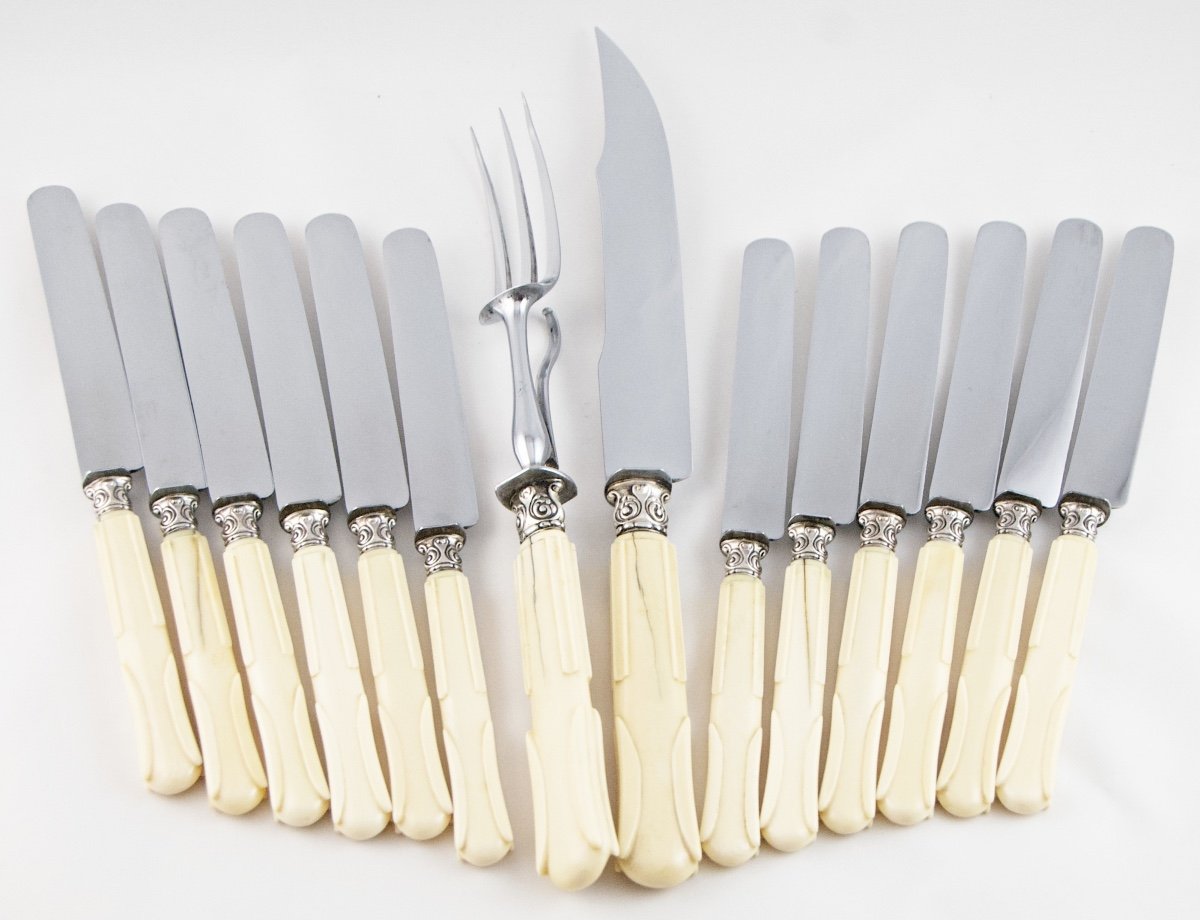 Set Of 12 Large Table Knives And Their Carving Service, 19th Century-photo-1