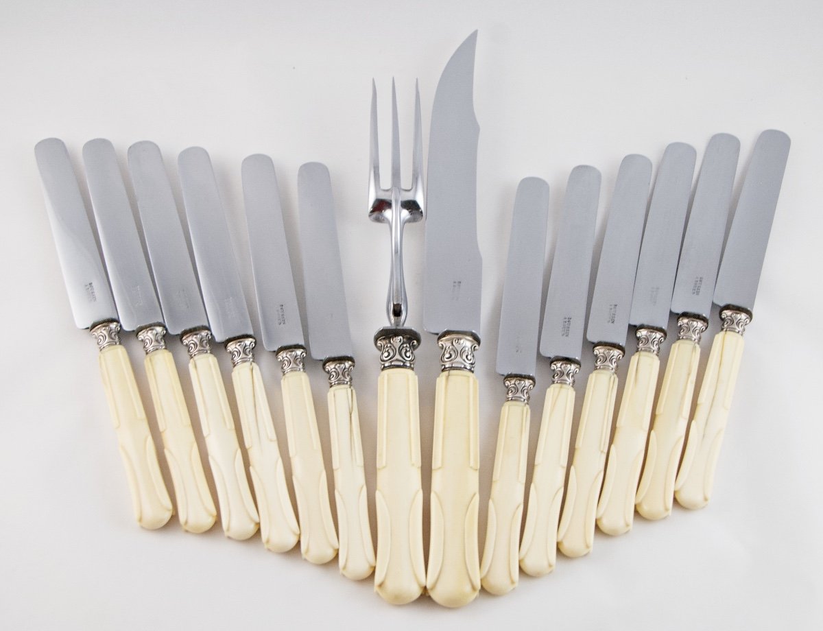 Set Of 12 Large Table Knives And Their Carving Service, 19th Century