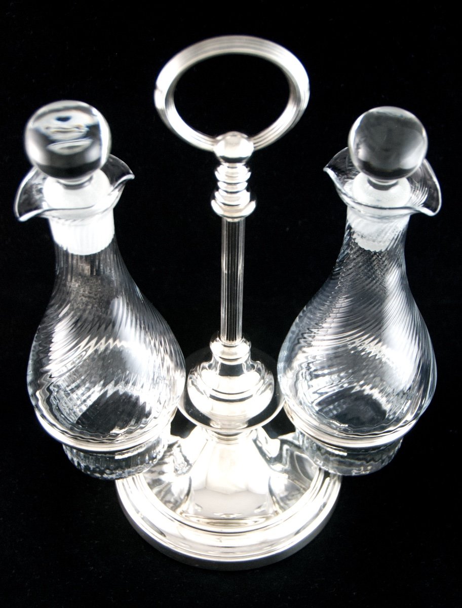 Christofle – Oil Cruet And Its Carafes In Silver-plated Metal And Crystal, Louis XVI Style-photo-2