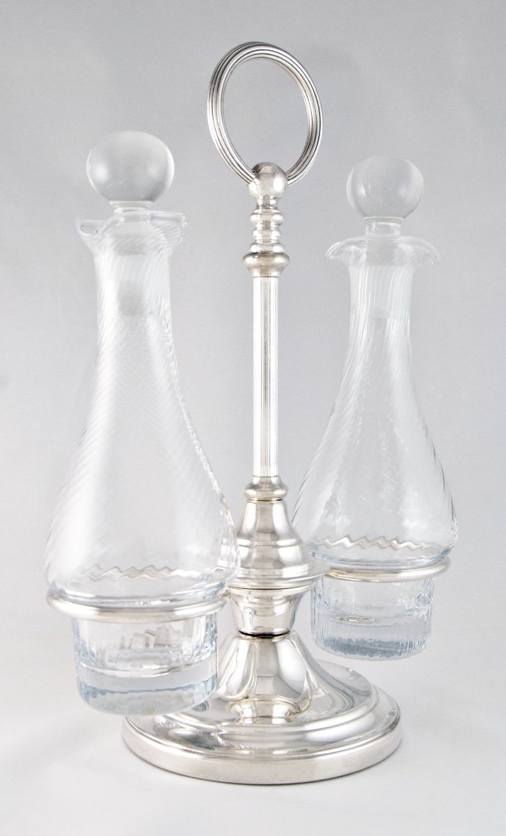 Christofle – Oil Cruet And Its Carafes In Silver-plated Metal And Crystal, Louis XVI Style-photo-5