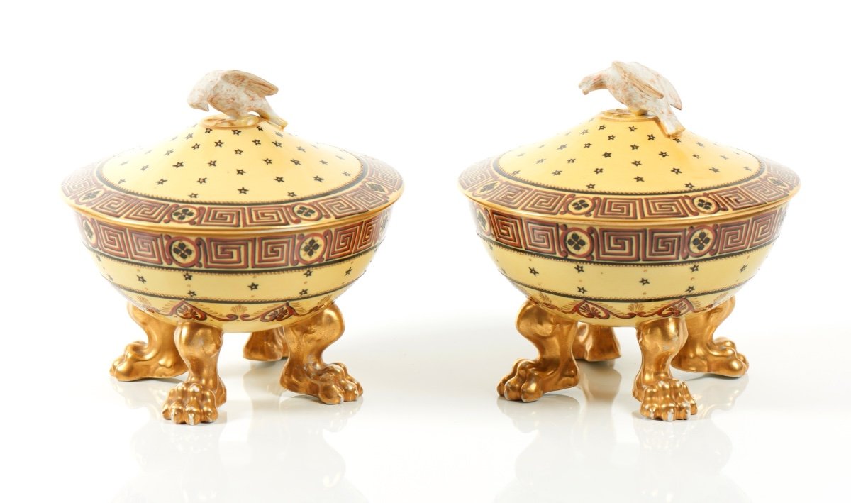 Pair Of Empire Polychrome And Gilded Porcelain Drageoirs Bowls, Locré