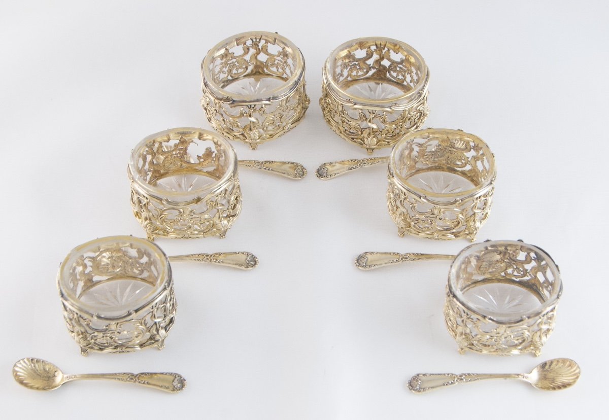 Puiforcat – Set Of Six Vermeil And Cut Crystal Salt Cellars With Spoons-photo-1