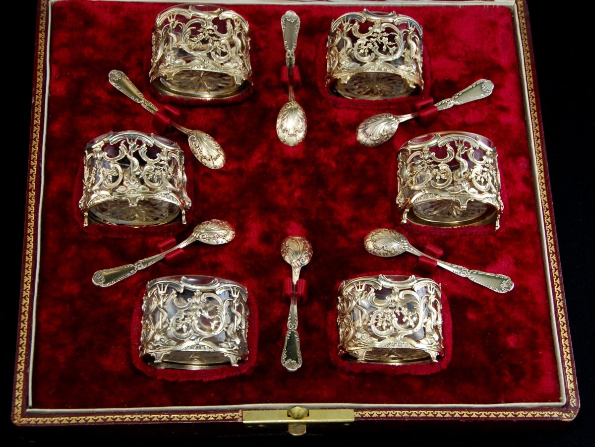 Puiforcat – Set Of Six Vermeil And Cut Crystal Salt Cellars With Spoons