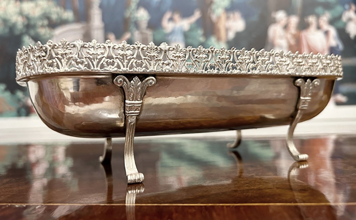 Hammered Solid Silver Bowl Serving As A Centrepiece Table Jardinière-photo-3