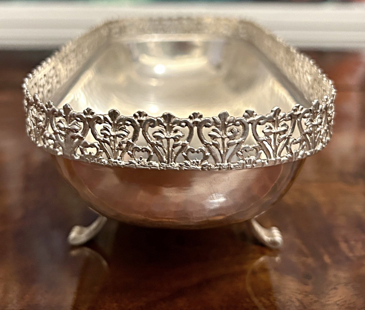 Hammered Solid Silver Bowl Serving As A Centrepiece Table Jardinière-photo-5