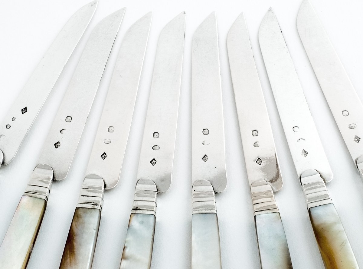 Set Of Eight Fruit Knives In Sterling Silver And Mother-of-pearl, 1798-1838-photo-1