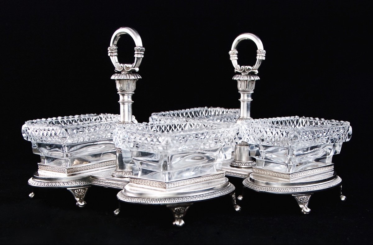 Paris 1819-1838 - Paire de salières doubles en argent massif et cristal par D.T. LEGRAND