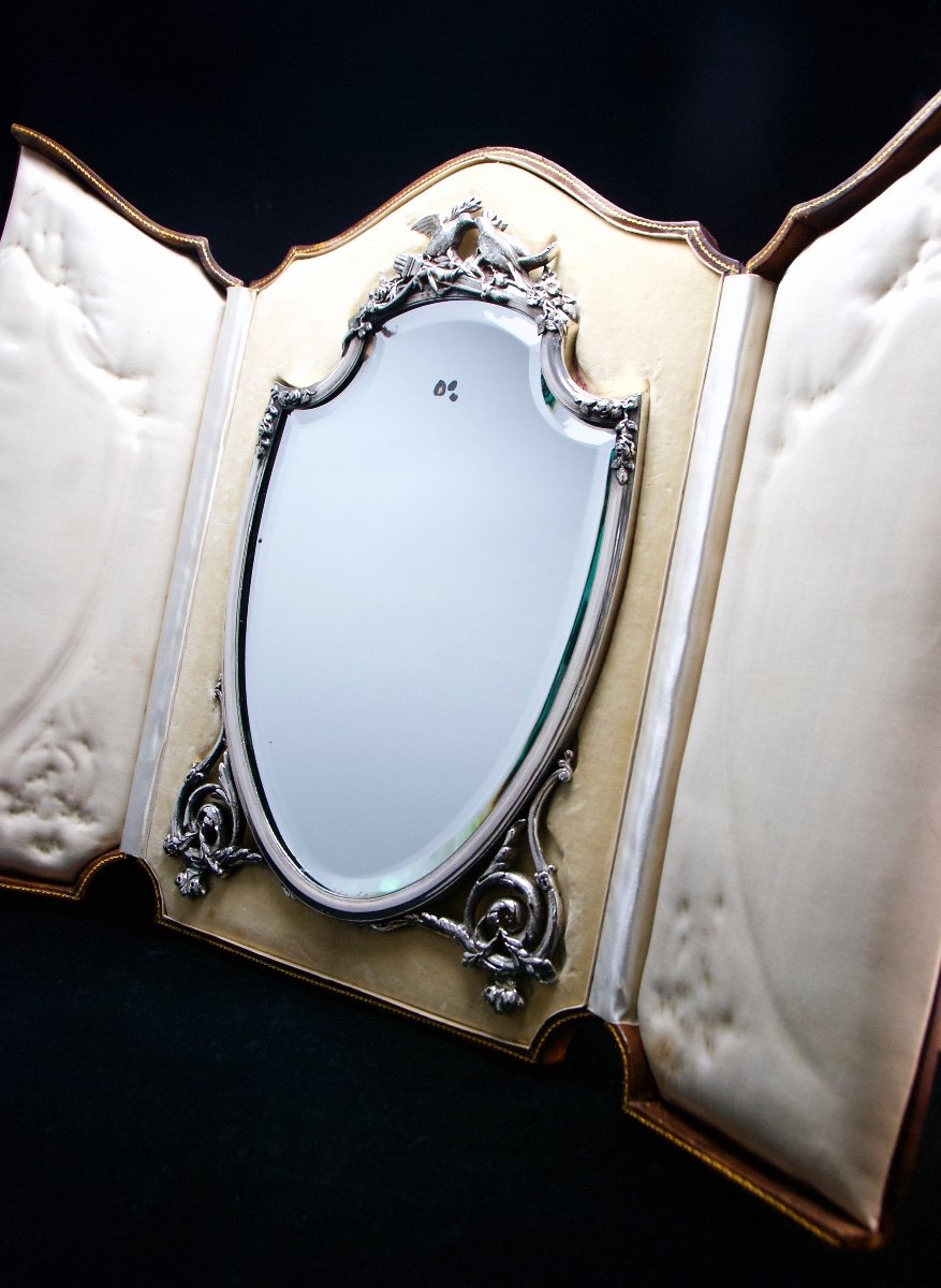 Shield Shaped Tabletop Mirror In Sterling Silver In Leather Case, C. 1900-photo-2