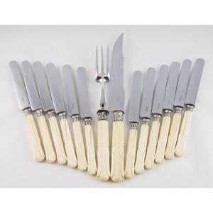 Set Of 12 Large Table Knives And Their Carving Service, 19th Century