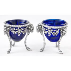 Pair Of Louis XVI Salt Cellars In Solid Silver And Crystal That Can Be Used As Egg Cups