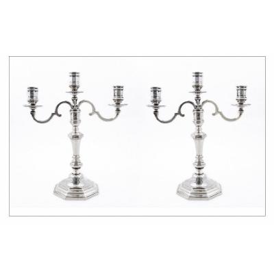 Pair Of Solid Silver Candelabra Convertible Into Candlesticks By É. Roger, Vischer Family Arms