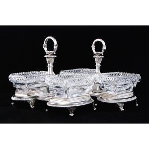 Paris 1819-1838 - Pair Of Double Salt Cellars In Solid Silver And Crystal, Louis XVIII Period