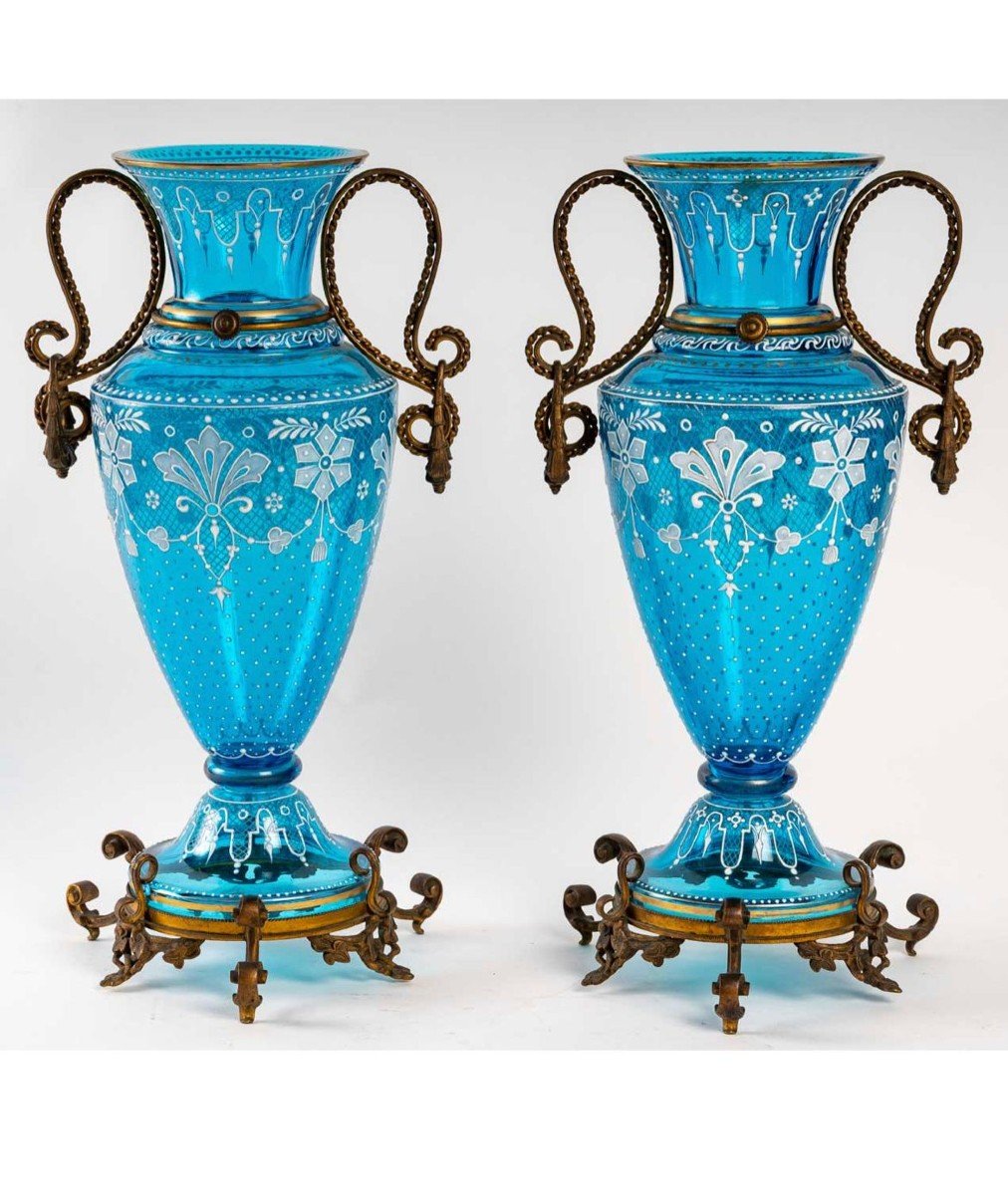 Beautiful Pair Of Enamelled Blue Crystal Vases, Flower And Bronze Decor-photo-2