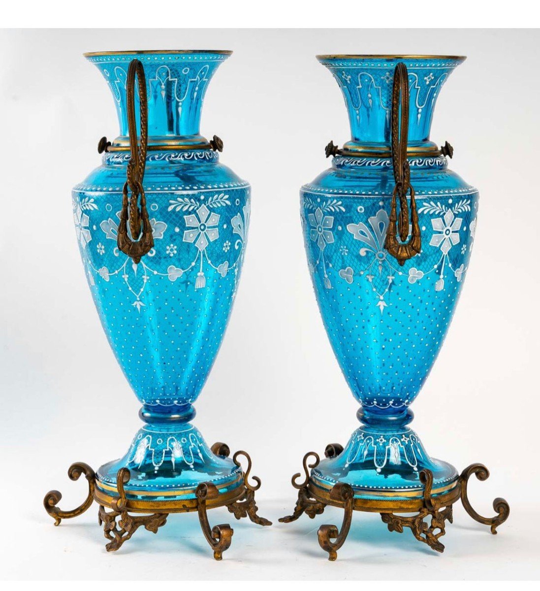 Beautiful Pair Of Enamelled Blue Crystal Vases, Flower And Bronze Decor-photo-3
