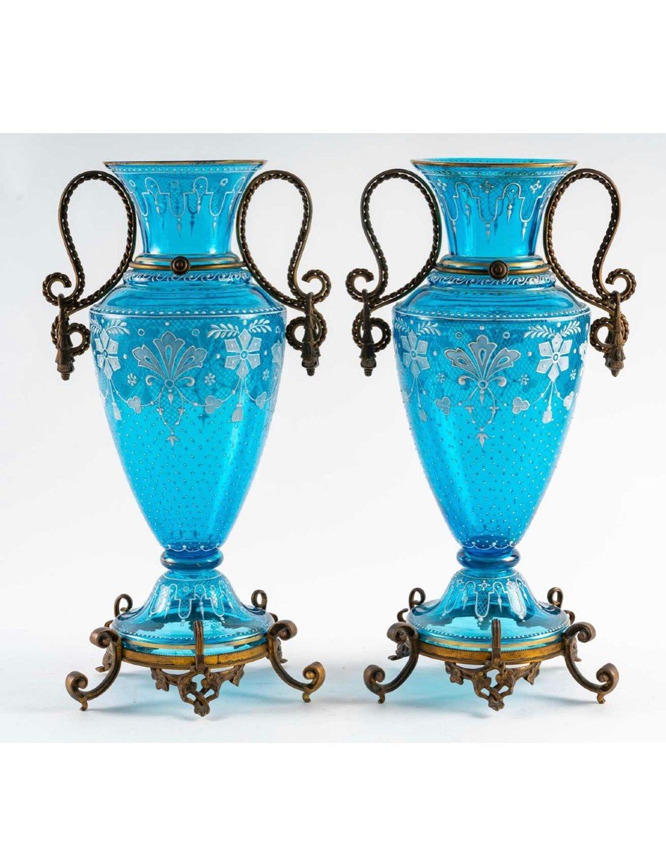Beautiful Pair Of Enamelled Blue Crystal Vases, Flower And Bronze Decor