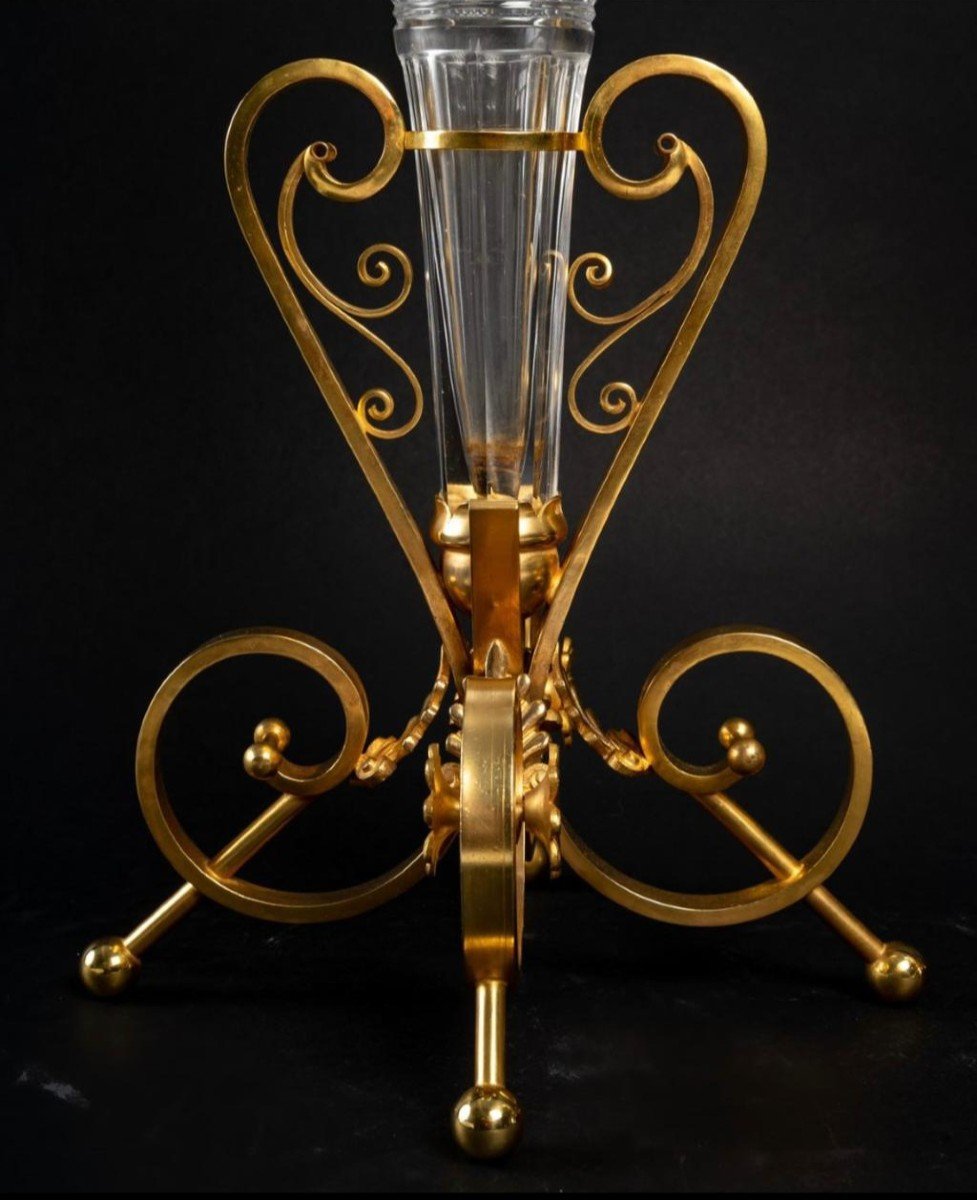 Magnifique Et Grande Paire De Cornet En Cristal de Baccarat Taillé Et Bronze Doré-photo-3