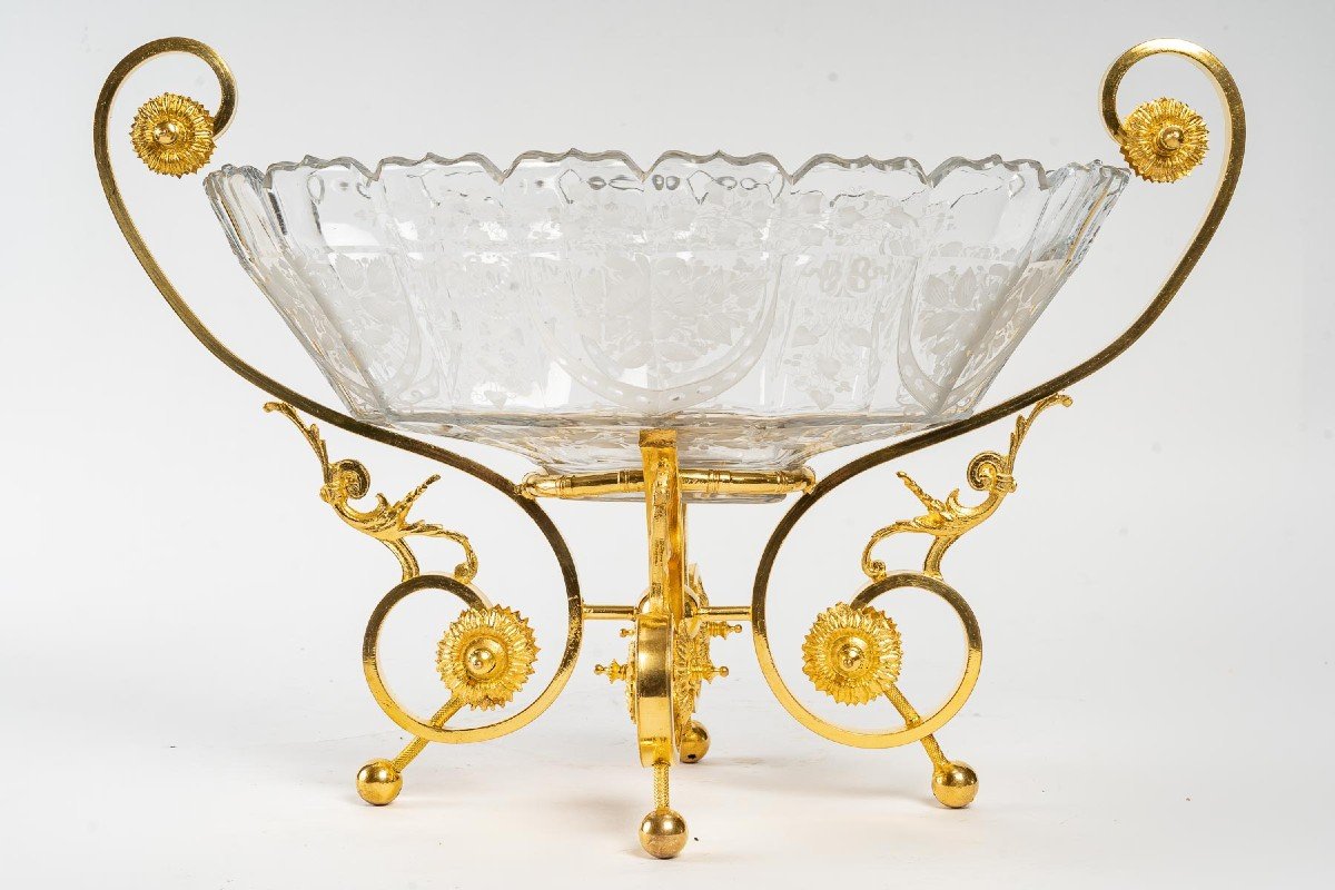 Very Beautiful Engraved And Decorated Crystal Cup, Gilt Bronze Mount