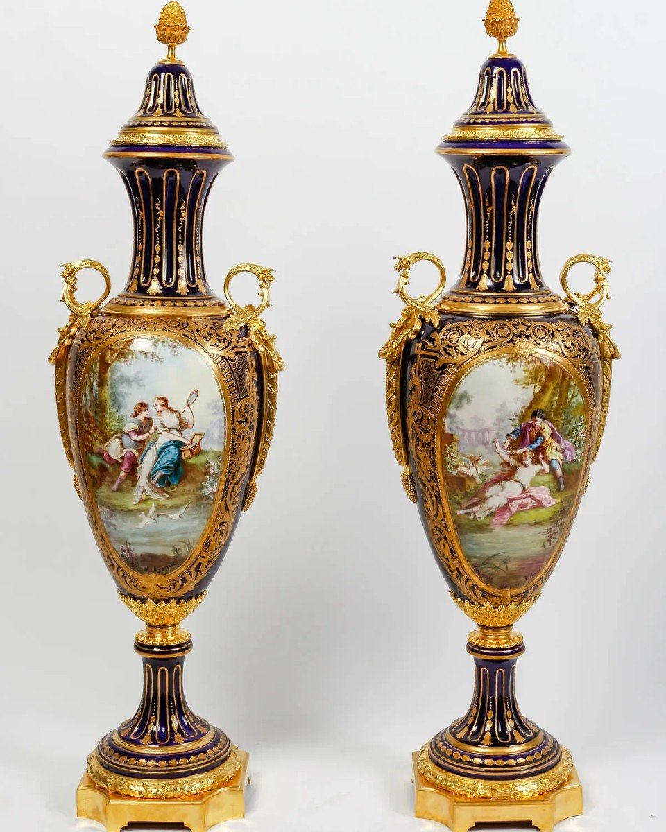 Very Important Pair Of Dark Blue Sèvres Porcelain Vases, Signed