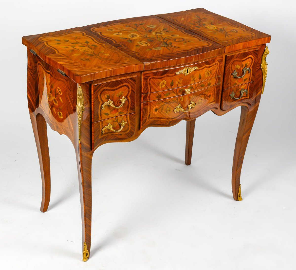 Magnificent Dressing Table In Veneer Wood With Flower Marquetry Decor