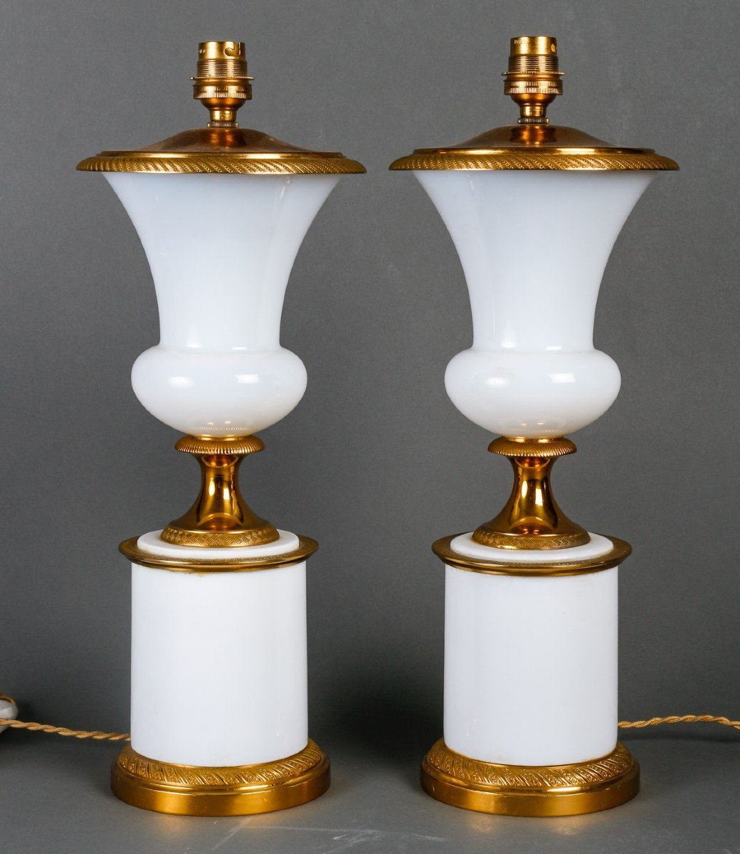 Paire De Lampes En Opaline Francais, Monture En Bronze, électrifié.