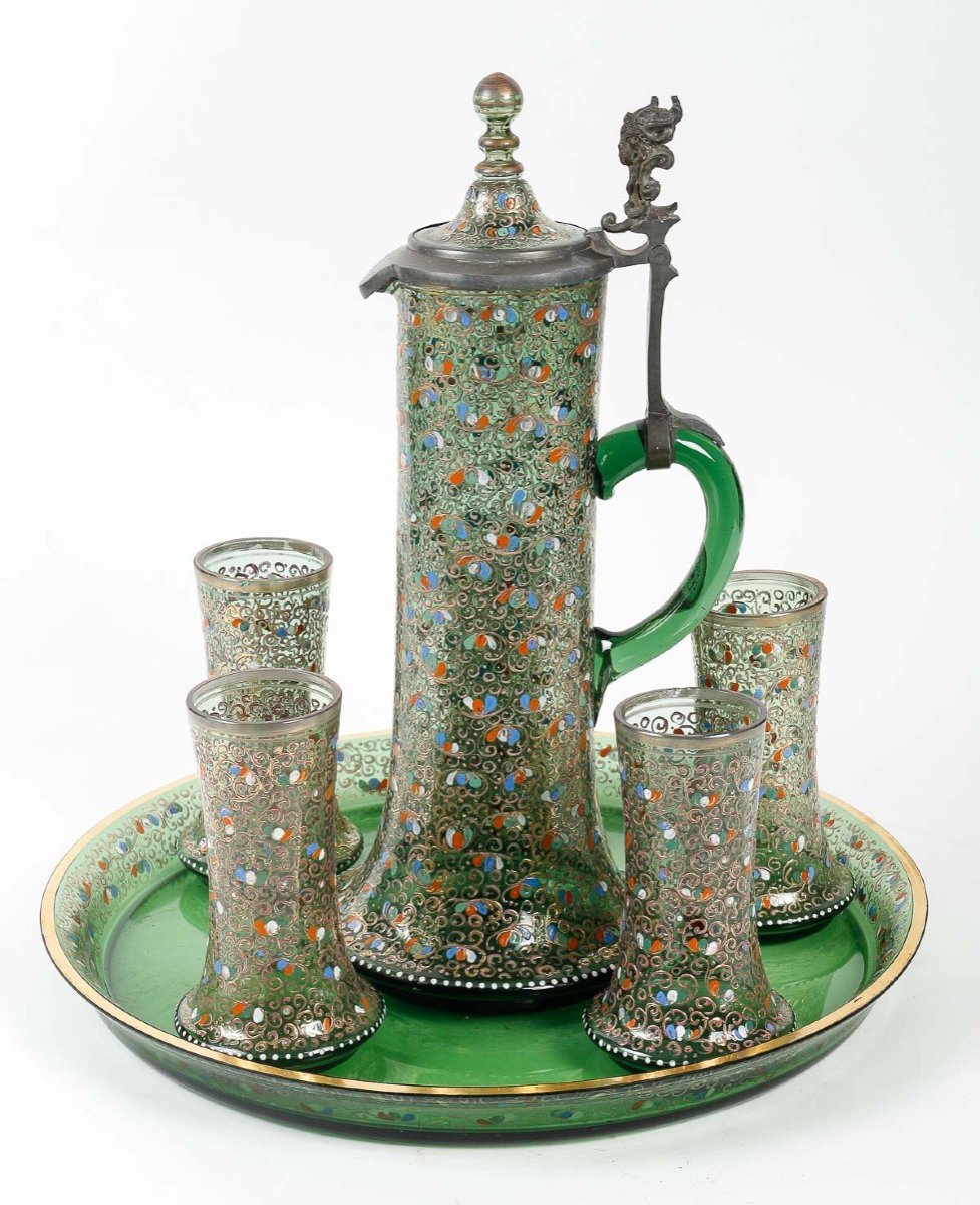 Table Service In Enamelled Green Moser Glass, 19th Century-photo-2