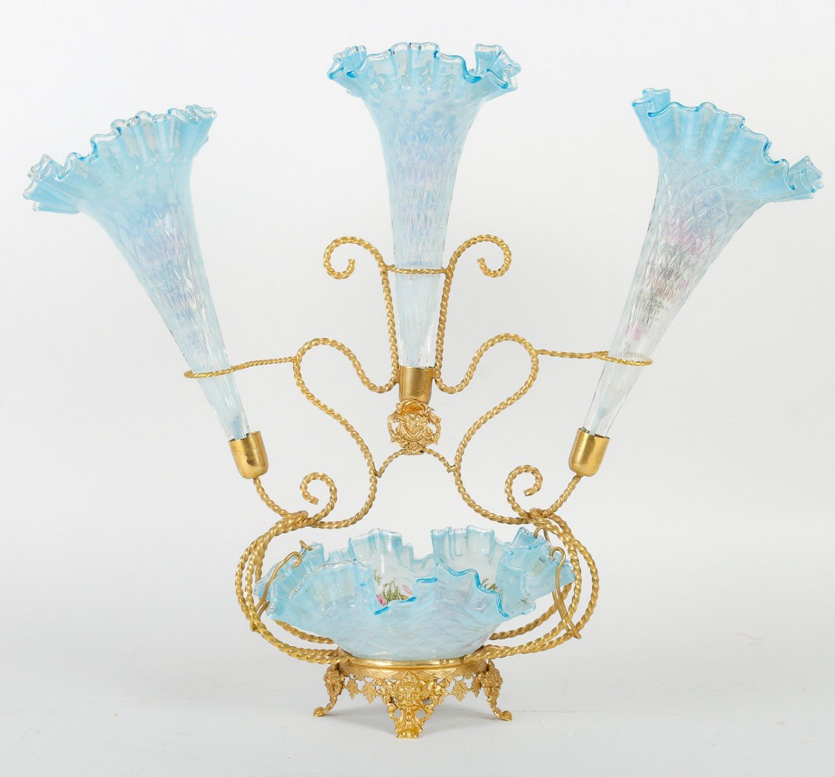 Blue Opaline Centerpiece Composed Of A Cup And Three Cornets, Enamelled-photo-3