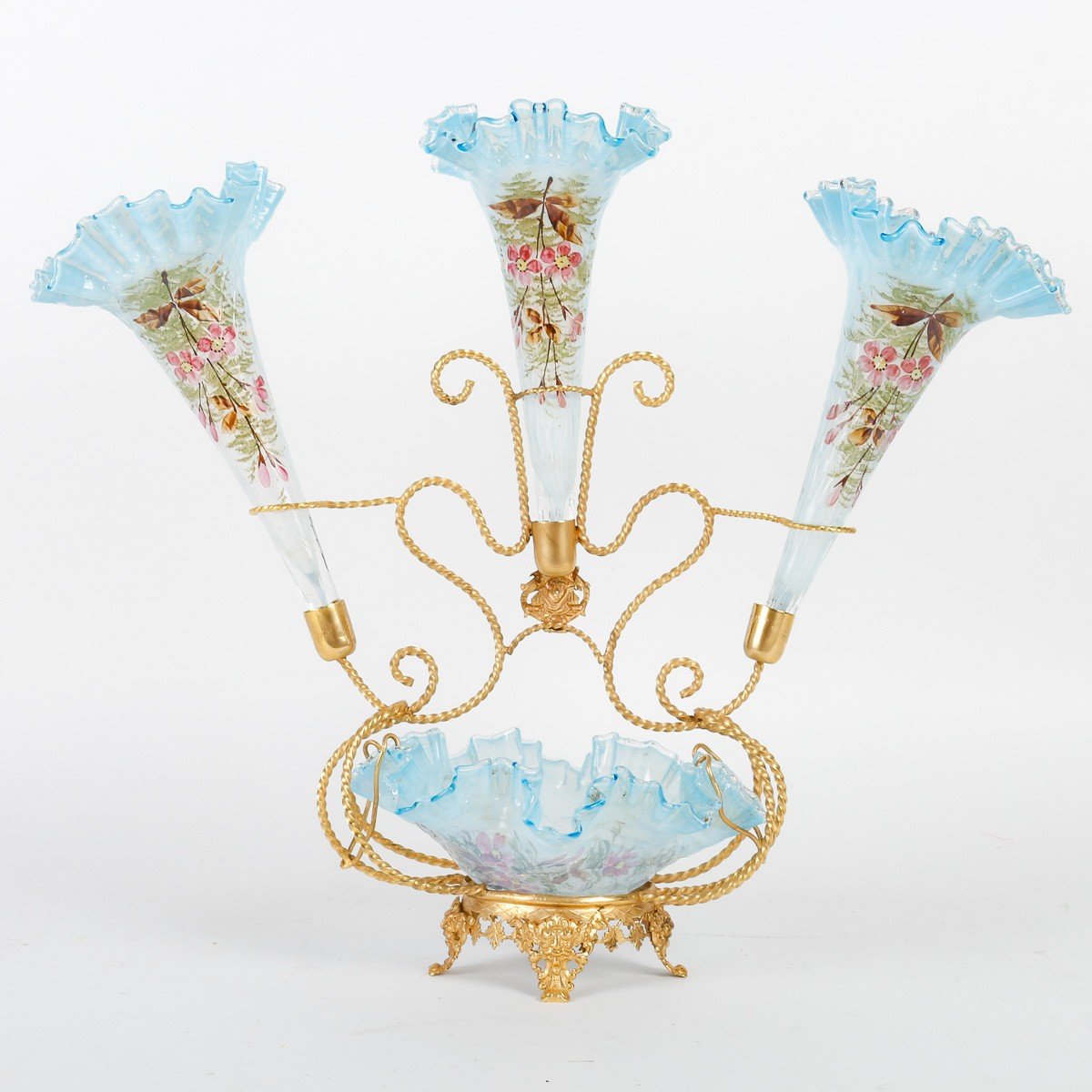 Blue Opaline Centerpiece Composed Of A Cup And Three Cornets, Enamelled