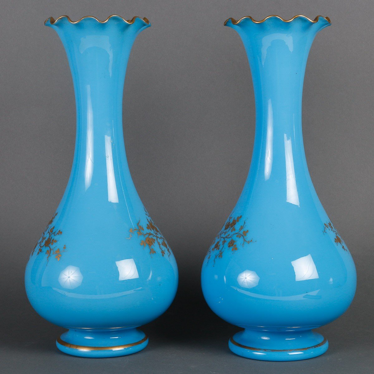 Paire De Vases En Opaline Bleu Ornés, Décor De Dorure Et De Fleurs, XIXeme-photo-4