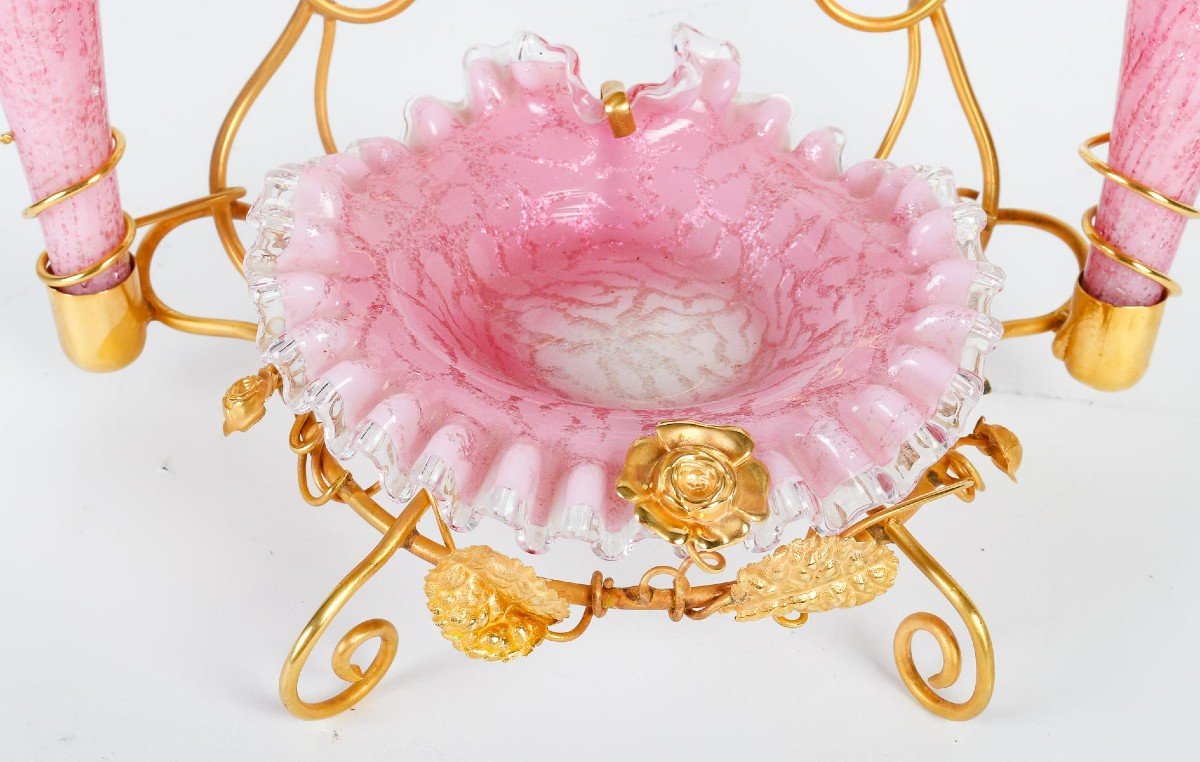 Dressing Table In Pink Opaline Overlay, Composed Of A Cup, A Mirror And Two Cornets-photo-4