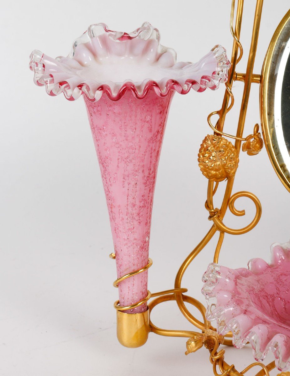 Dressing Table In Pink Opaline Overlay, Composed Of A Cup, A Mirror And Two Cornets-photo-2