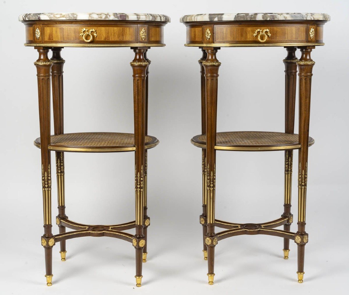 Pair Of Solid Wood Pedestal Tables With Marble Top And Drawer Signed Maison Lalande-photo-2