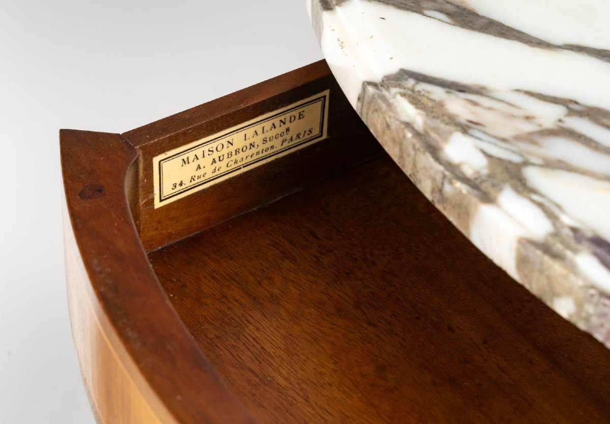 Pair Of Solid Wood Pedestal Tables With Marble Top And Drawer Signed Maison Lalande-photo-3