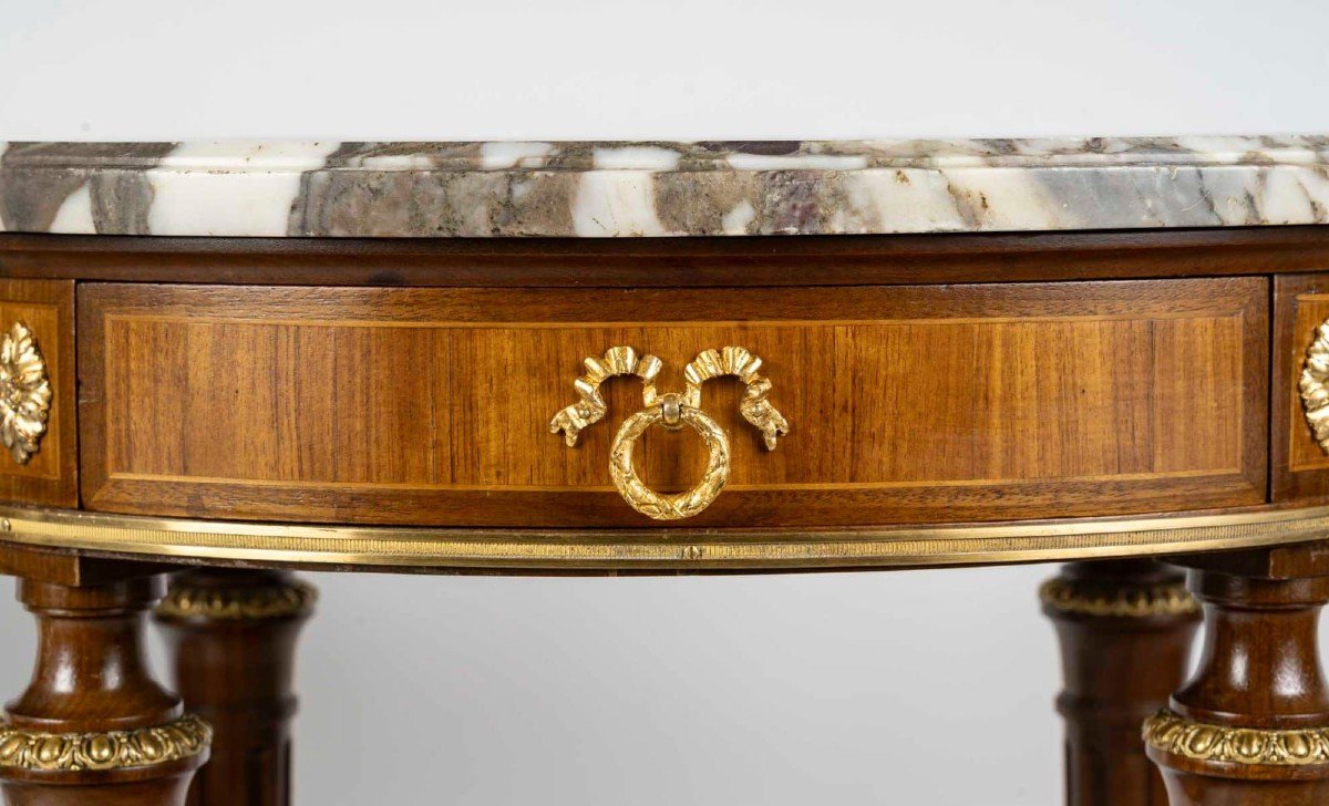 Pair Of Solid Wood Pedestal Tables With Marble Top And Drawer Signed Maison Lalande-photo-4