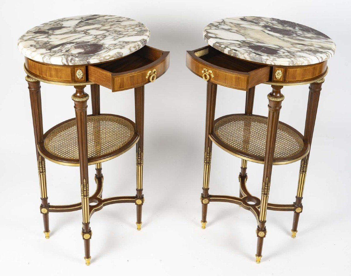 Pair Of Solid Wood Pedestal Tables With Marble Top And Drawer Signed Maison Lalande-photo-1