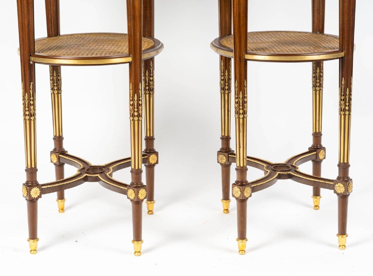 Pair Of Solid Wood Pedestal Tables With Marble Top And Drawer Signed Maison Lalande-photo-2