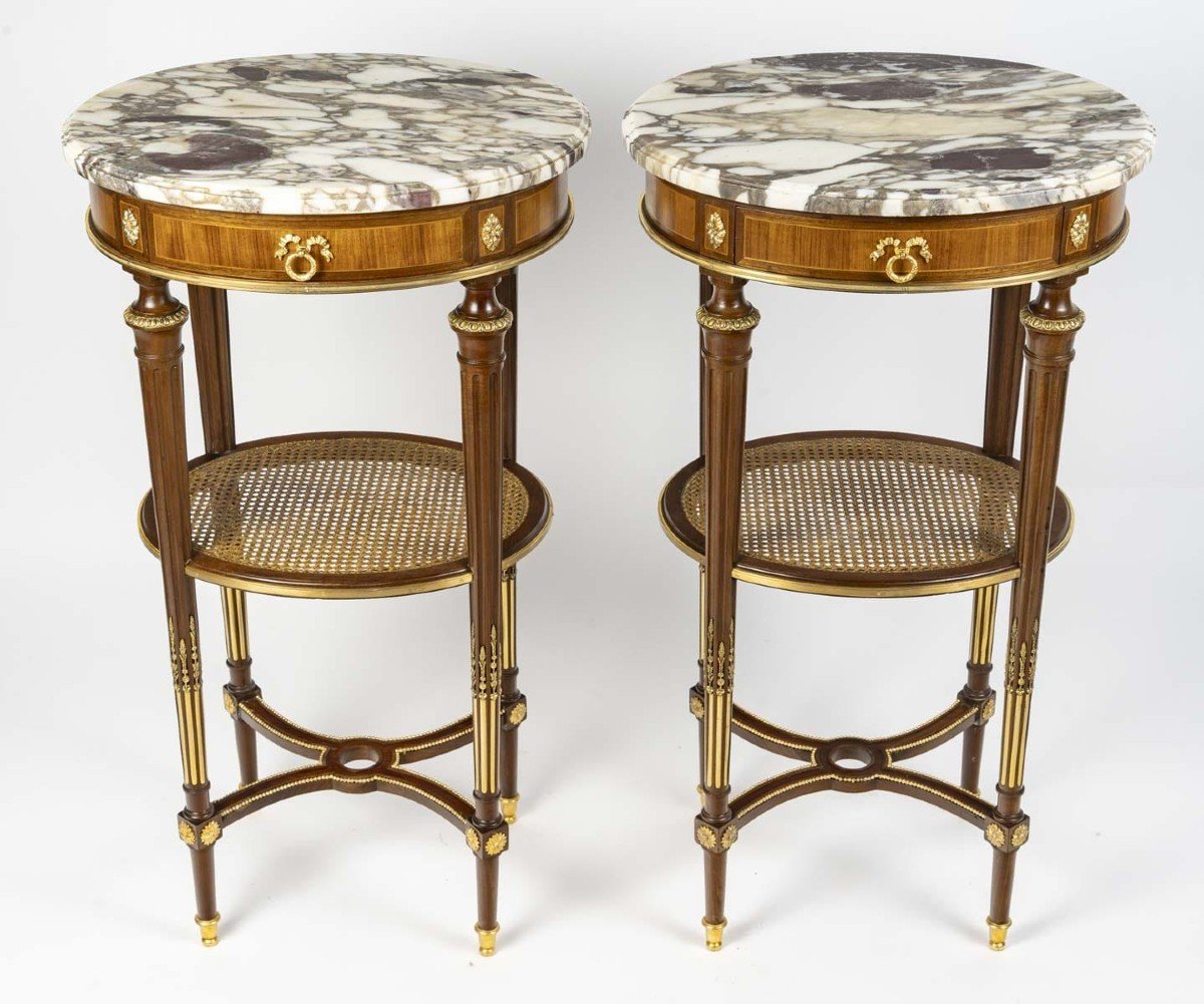 Pair Of Solid Wood Pedestal Tables With Marble Top And Drawer Signed Maison Lalande