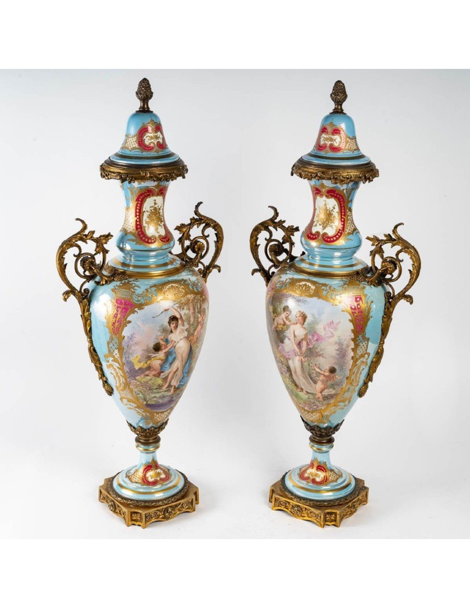 Pair Of Turquoise Porcelain Vases Signed Sèvres-photo-4