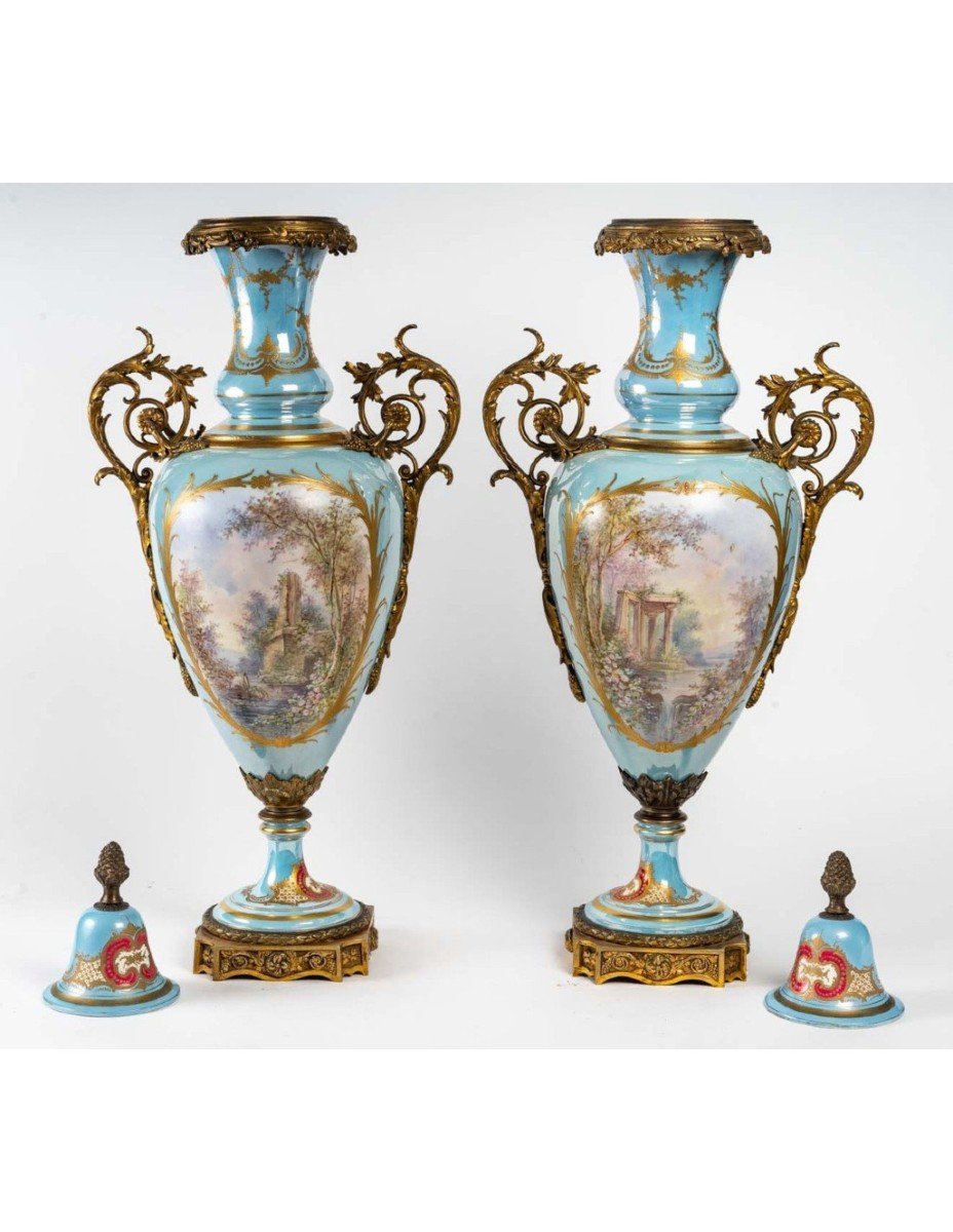 Pair Of Turquoise Porcelain Vases Signed Sèvres-photo-1