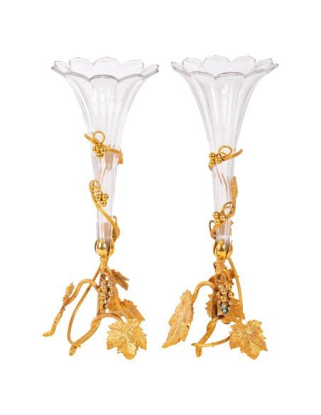 Pair Of Soliflores In Gilt Bronze And Cut Crystal From The 19th Century