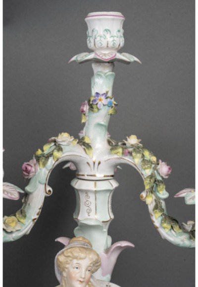 Pair Of Porcelain Candelabra In The Style Of Meissen, 19th Century.-photo-1