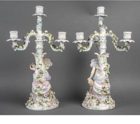 Pair Of Porcelain Candelabra In The Style Of Meissen, 19th Century.-photo-3